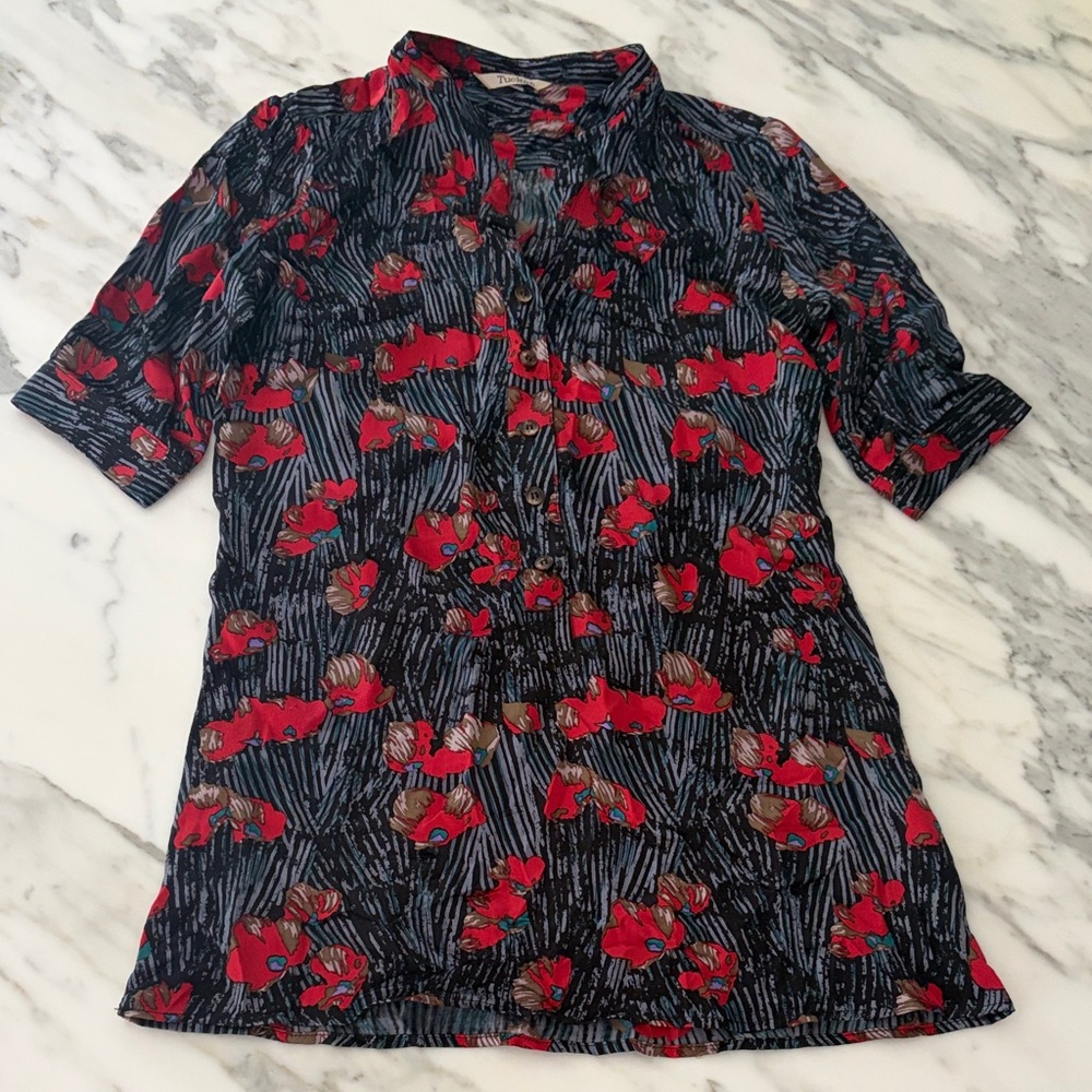 Tucker Navy Button-Front Top with Red Floral Print
